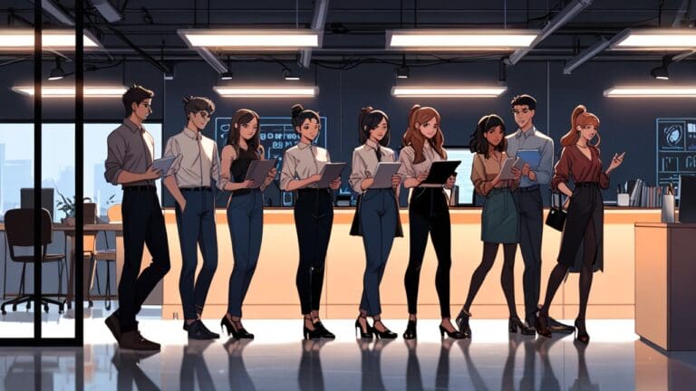 Jóvenes profesionales colaborando en un moderno espacio de co-working con pantallas digitales.