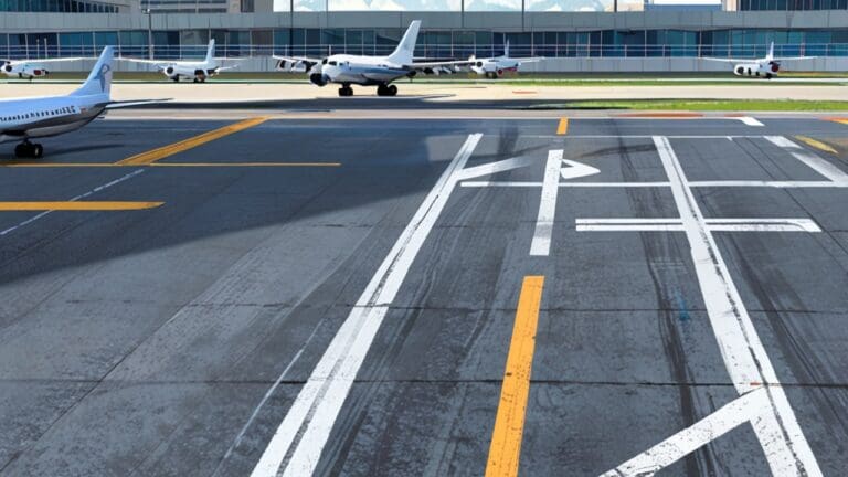 Aviones en una pista de aeropuerto moderno con fondo urbano