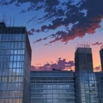 Edificios modernos de una ciudad tecnológica con cielo despejado al atardecer