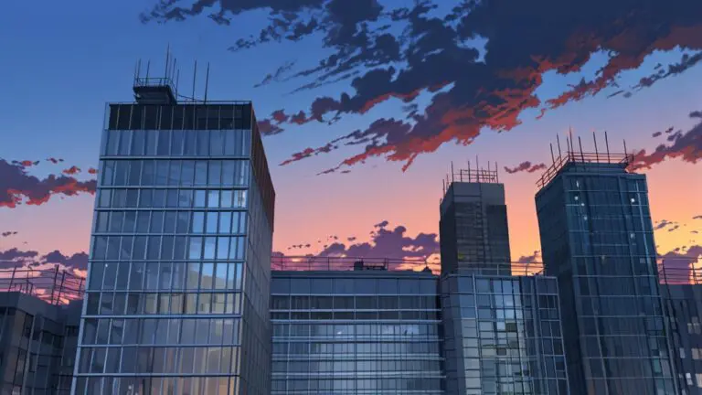 Edificios modernos de una ciudad tecnológica con cielo despejado al atardecer