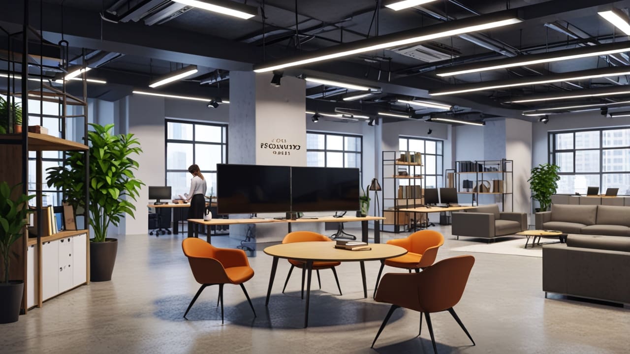 Espacio de coworking moderno con equipos tecnológicos, pantallas y mesas de trabajo en un entorno urbano.