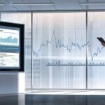 Oficina moderna con tecnología avanzada y pantallas digitales mostrando datos de salud