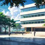 Escena moderna de un campus universitario con edificios tecnológicos y estudiantes en una plaza central