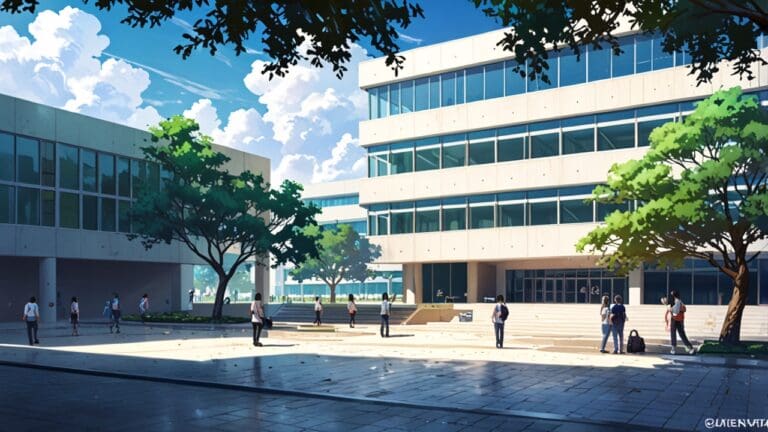 Escena moderna de un campus universitario con edificios tecnológicos y estudiantes en una plaza central