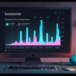 Pantalla de computadora mostrando una representación gráfica de concepto de startup con gráficos y estadísticas.