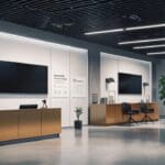 Oficina moderna de tecnología con equipos de cómputo y escritos en pizarra blanca