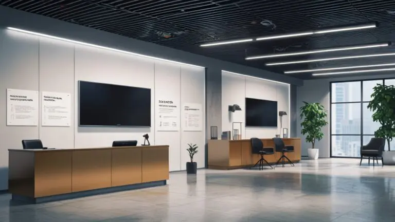 Oficina moderna de tecnología con equipos de cómputo y escritos en pizarra blanca