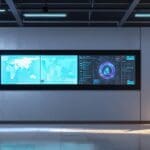 Vista moderna de un espacioso centro de creatividad con pantallas digitales y tecnología avanzada.