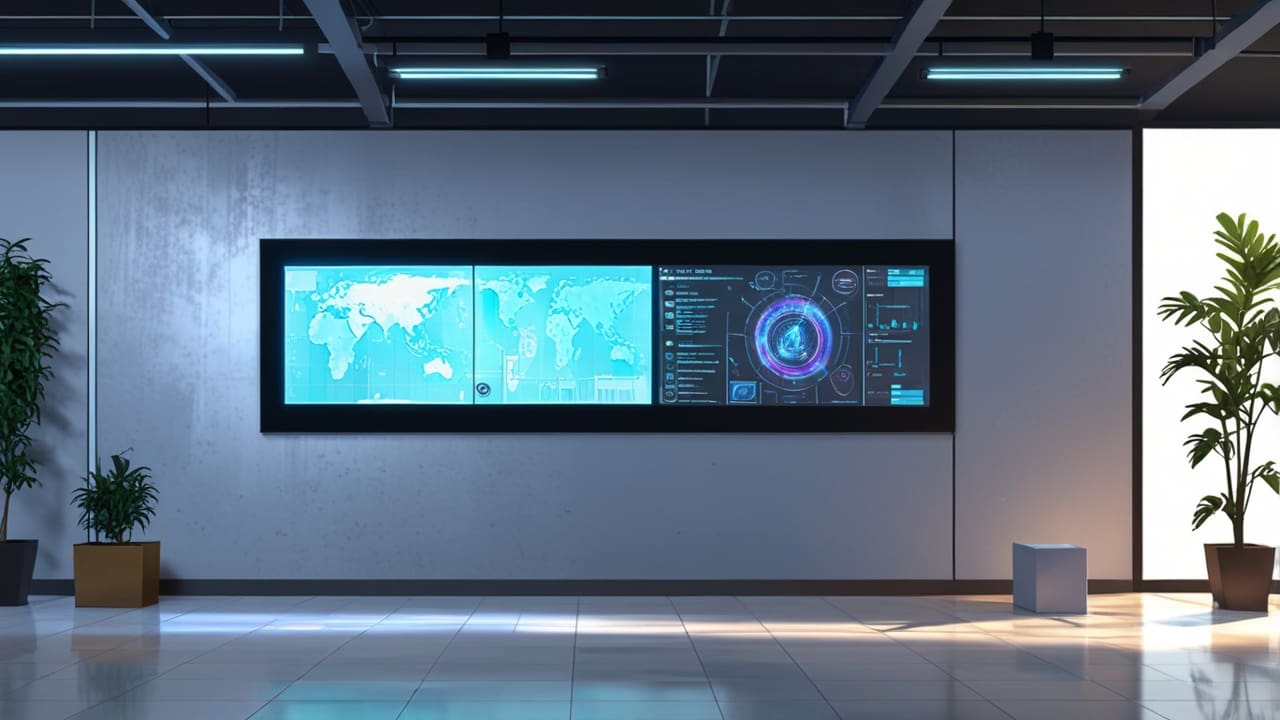 Vista moderna de un espacioso centro de creatividad con pantallas digitales y tecnología avanzada.