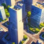 Vista aérea de modernos edificios de startups en un distrito tecnológico urbano