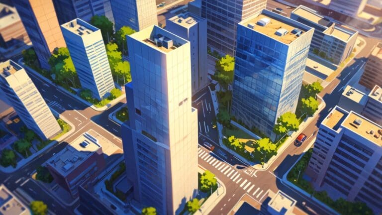 Vista aérea de modernos edificios de startups en un distrito tecnológico urbano