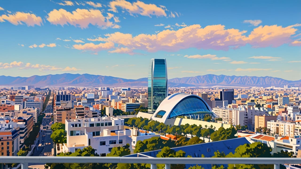 Vista panorámica de la ciudad de Valencia con edificios modernos en el fondo y cielos despejados