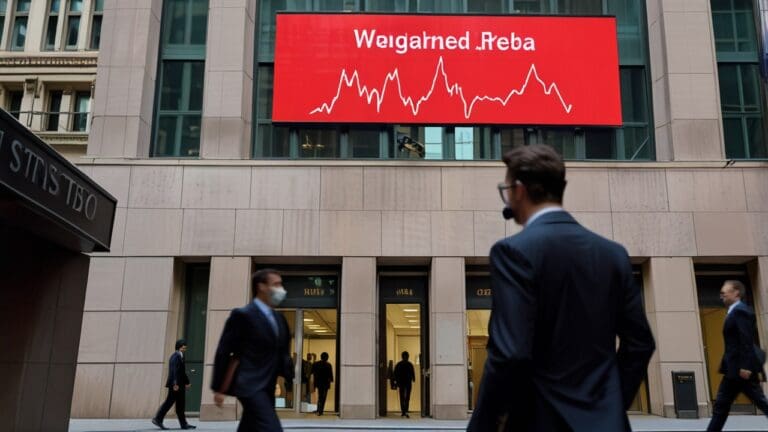 Entre la bruma, un edificio de Wall Street con pantallas mostrando gráficos financieros en rojo.