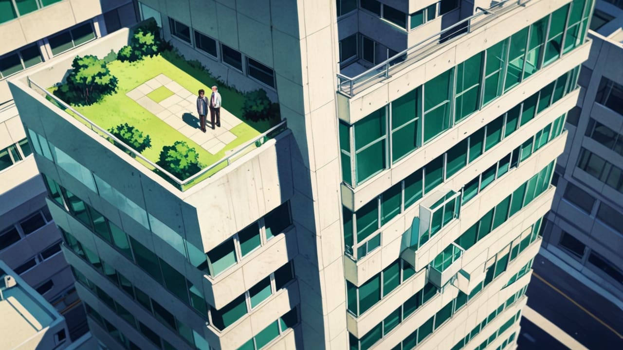 Vista aérea de un moderno edificio de oficinas rodeado de áreas verdes
