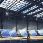 Fábrica moderna con paneles solares en un entorno industrial limpio y tecnológico