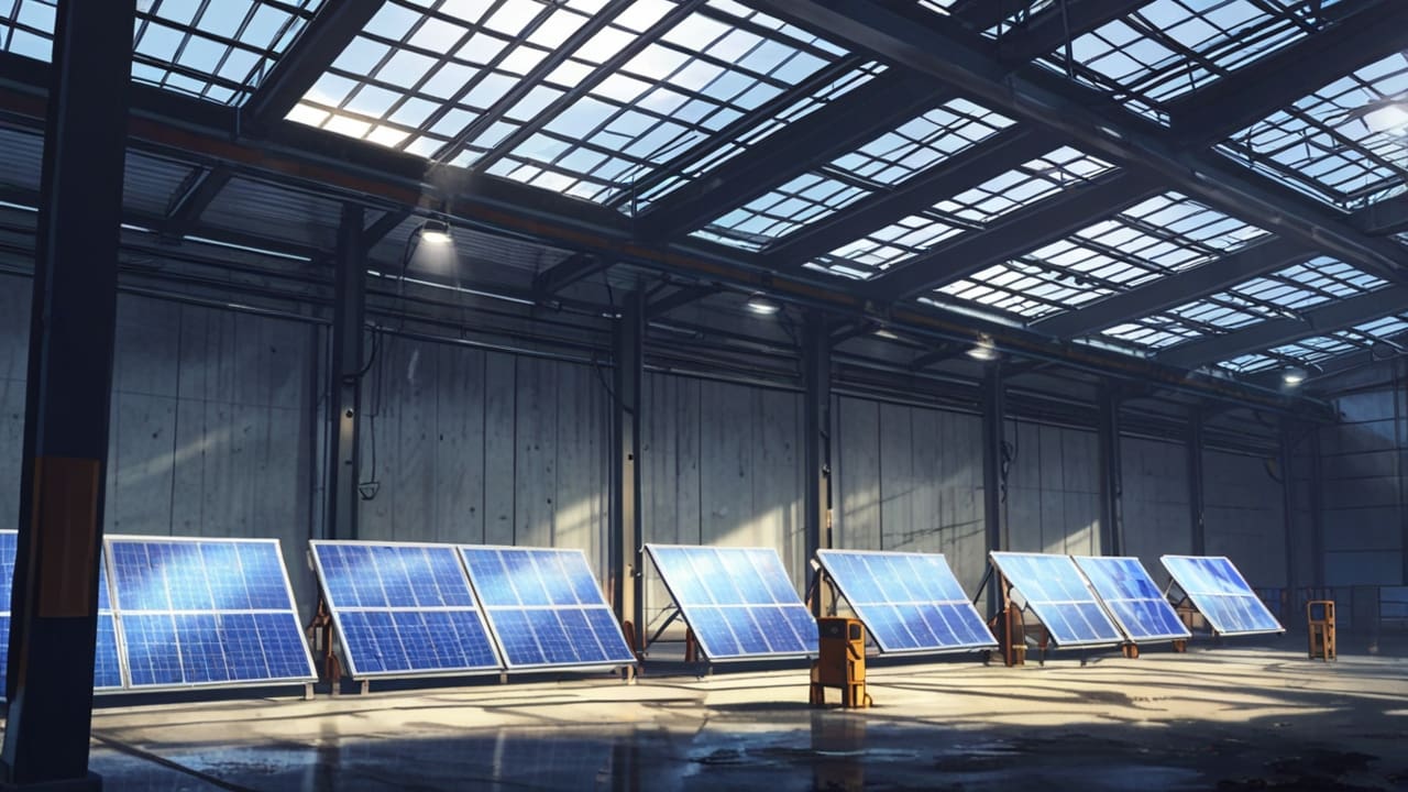 Fábrica moderna con paneles solares en un entorno industrial limpio y tecnológico