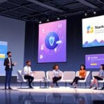 Escena de un evento de startups con paneles digitales y presentaciones en un espacio moderno