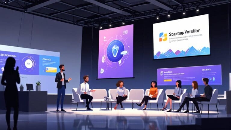 Escena de un evento de startups con paneles digitales y presentaciones en un espacio moderno