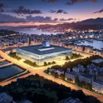 Vista aérea del centro de convenciones de Vigo al atardecer, con arquitectura moderna y luces urbanas.