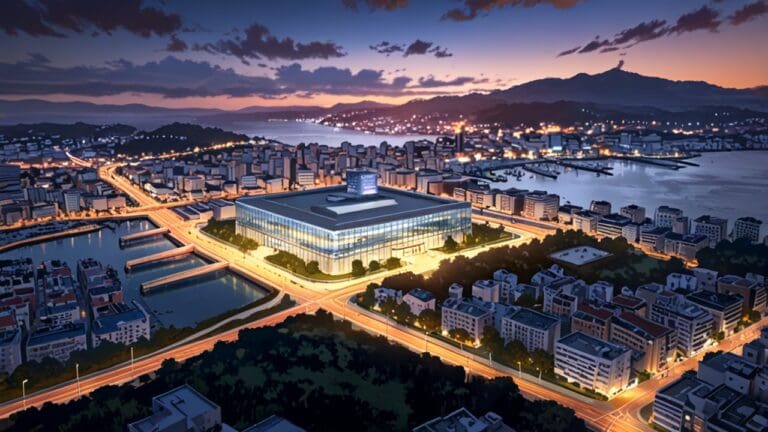 Vista aérea del centro de convenciones de Vigo al atardecer, con arquitectura moderna y luces urbanas.