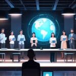 Emprendedores presentando innovaciones eco-amigables en un centro de conferencias futurista