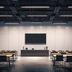 Sala de conferencias moderna con equipo de alta tecnología y pizarras digitales.