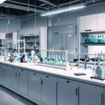 Laboratorio moderno con viales y equipamiento de biotecnología bajo luz blanca