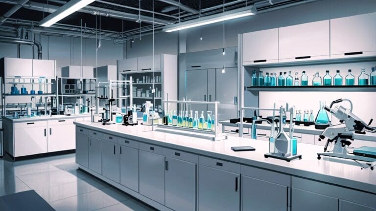 Laboratorio moderno con viales y equipamiento de biotecnología bajo luz blanca