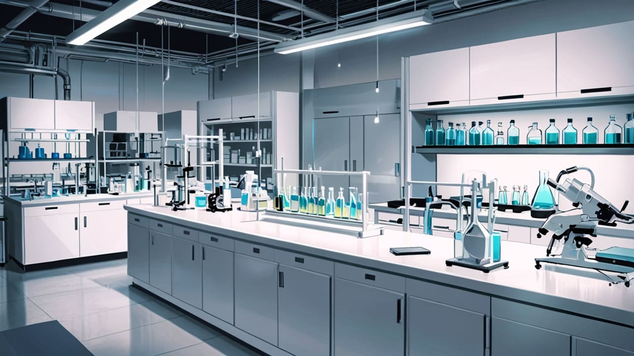 Laboratorio moderno con viales y equipamiento de biotecnología bajo luz blanca