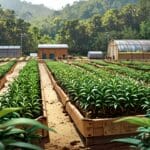 Vista de una plantación de yerba mate con tecnología innovadora y fondo de selva misionera.
