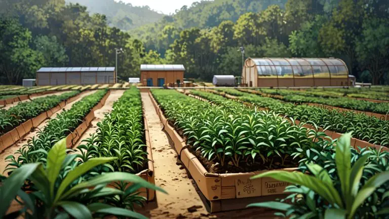 Vista de una plantación de yerba mate con tecnología innovadora y fondo de selva misionera.