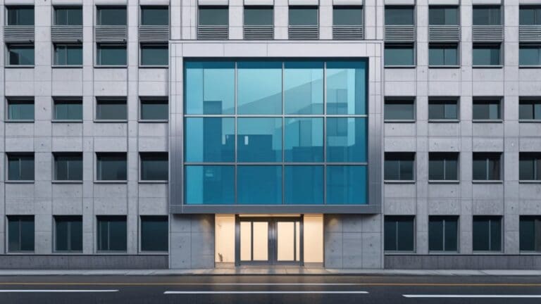 Fachada moderna de un edificio empresarial con un diseño arquitectónico sostenible