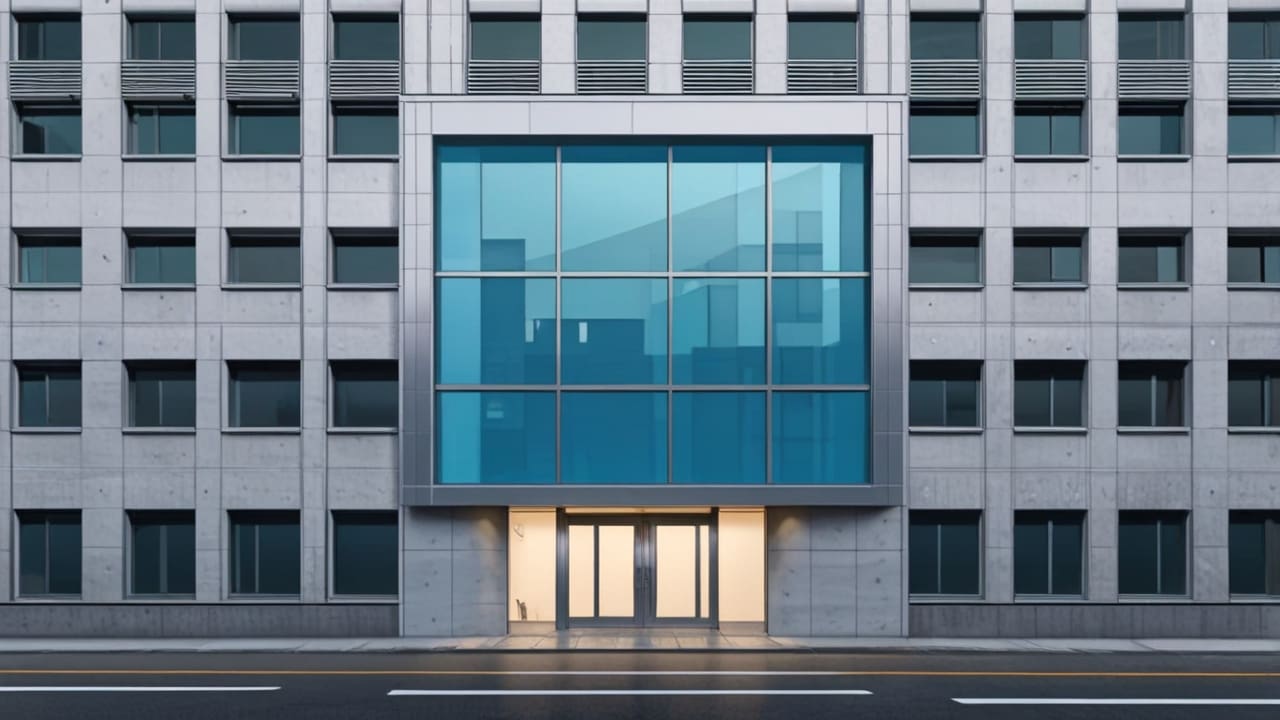 Fachada moderna de un edificio empresarial con un diseño arquitectónico sostenible