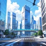 Visión futurista de una ciudad inteligente con rascacielos y conexiones tecnológicas.