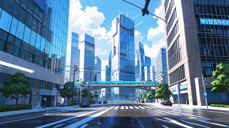 Visión futurista de una ciudad inteligente con rascacielos y conexiones tecnológicas.