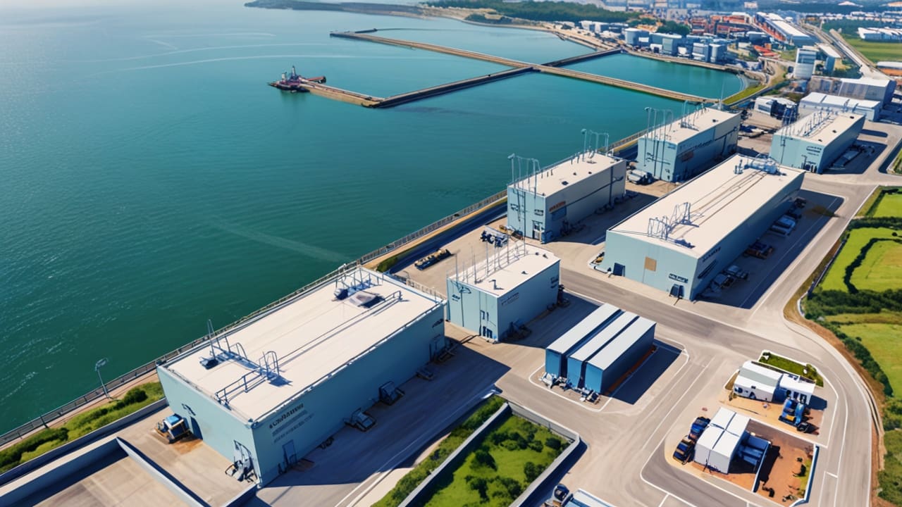 Vista aérea de instalaciones industriales frente a un puerto marítimo en un día soleado