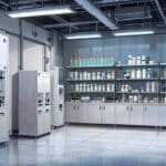 Primer plano de una batería de laboratorio sostenible con fondo tecnológico moderno