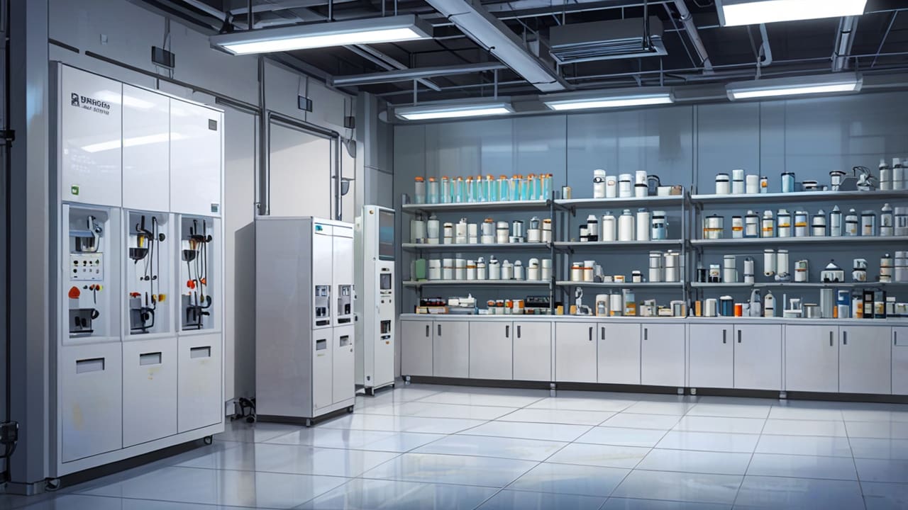 Primer plano de una batería de laboratorio sostenible con fondo tecnológico moderno