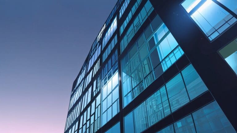 Edificio moderno y tecnológico iluminado por la luz del día capturado desde una perspectiva baja.
