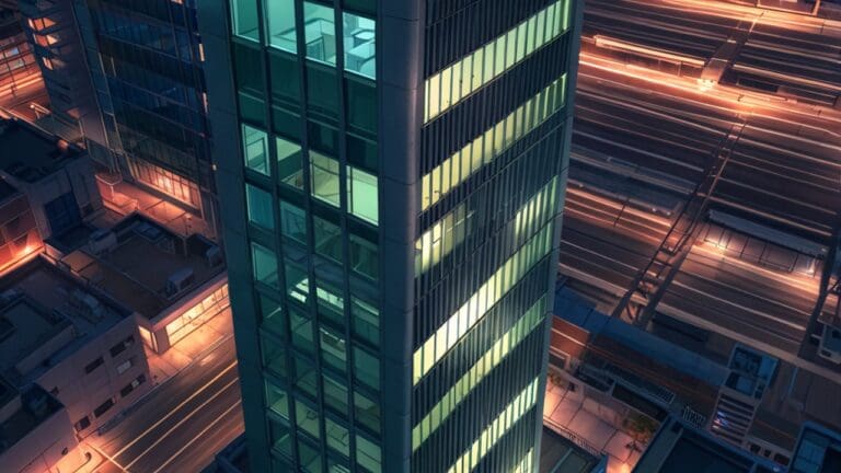 Modernos edificios de oficinas tecnológicas con luces encendidas al anochecer, vista desde un dron.