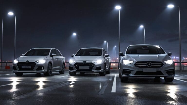 Subasta de vehículos en un moderno centro de remates, enfoque en autos ordenados y luces brillantes