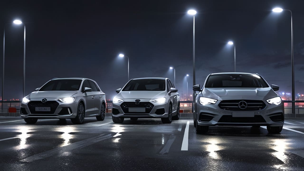 Subasta de vehículos en un moderno centro de remates, enfoque en autos ordenados y luces brillantes