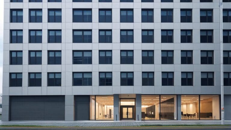 Edificio moderno de una empresa tecnológica con pantallas digitales.