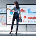 Oficina moderna con pantallas digitales mostrando gráficos de marketing avanzados.