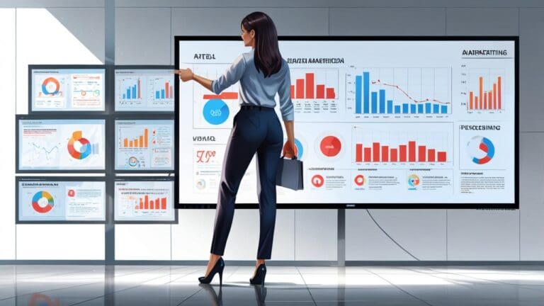 Oficina moderna con pantallas digitales mostrando gráficos de marketing avanzados.