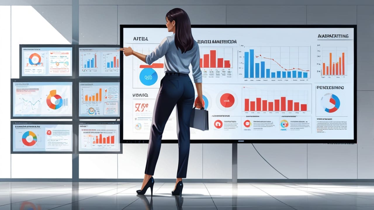 Oficina moderna con pantallas digitales mostrando gráficos de marketing avanzados.