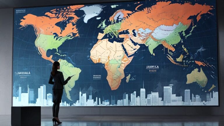 Moderna oficina corporativa con mapas digitales de Latinoamérica en pantalla grande