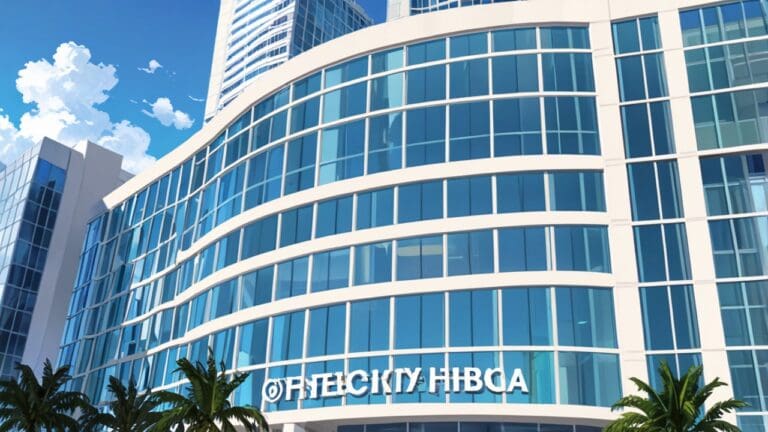 Edificio moderno de oficinas en Miami, simbolizando el auge fintech, en un día soleado.