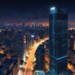 Vista panorámica de Tel Aviv con modernos edificios tecnológicos iluminados al anochecer