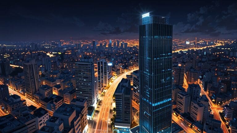 Vista panorámica de Tel Aviv con modernos edificios tecnológicos iluminados al anochecer